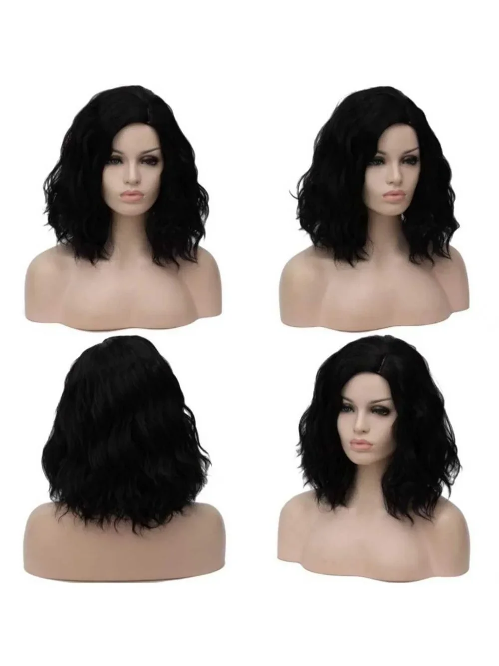 Women's Dark Black Wavy Curly Bob Wig Heat Resistant Cosplay Halloween Party